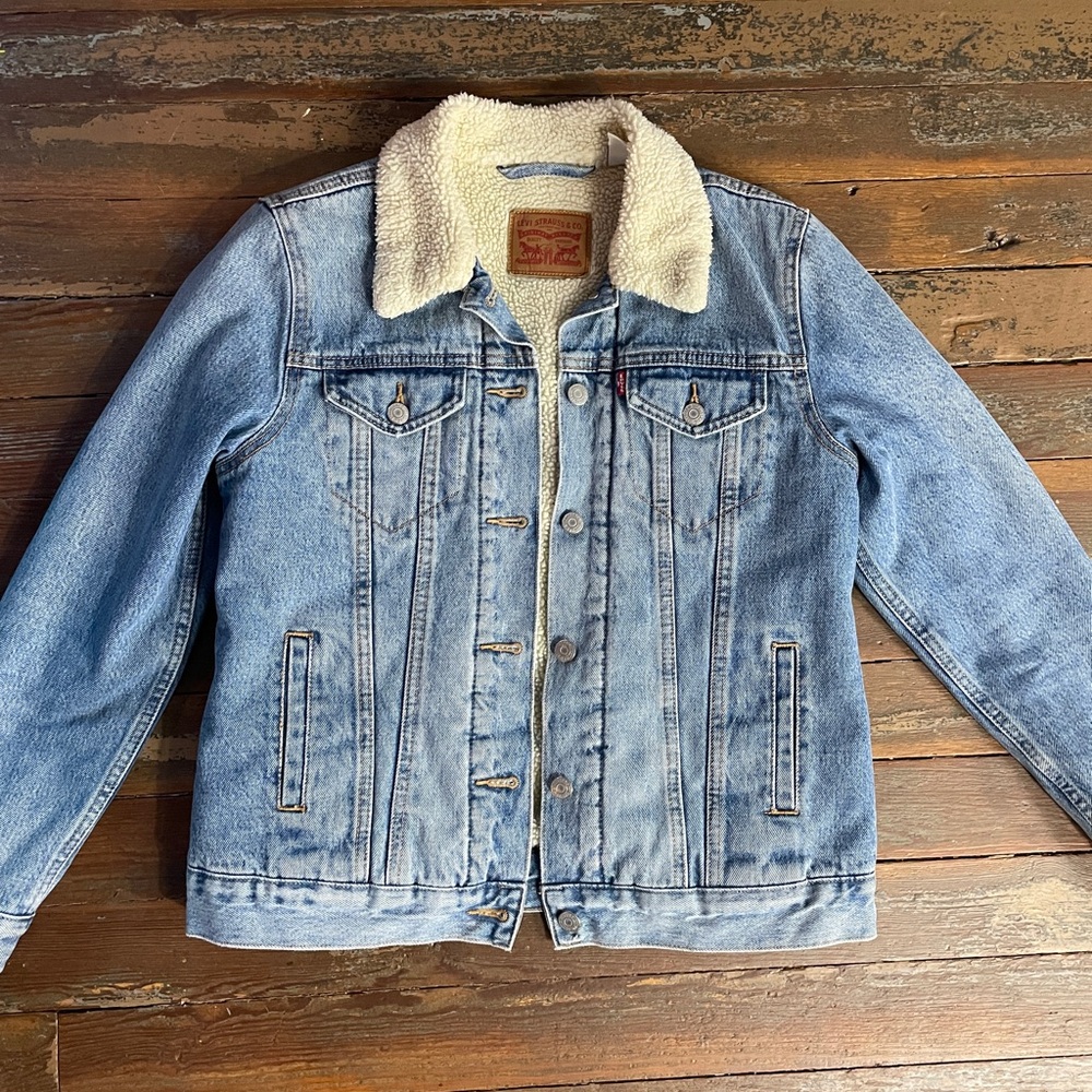 Levi's Premium Ex-Boyfriend Sherpa Lined Trucker Denim Jacket - Sz Med 🧡🎀 - Picture 3 of 15